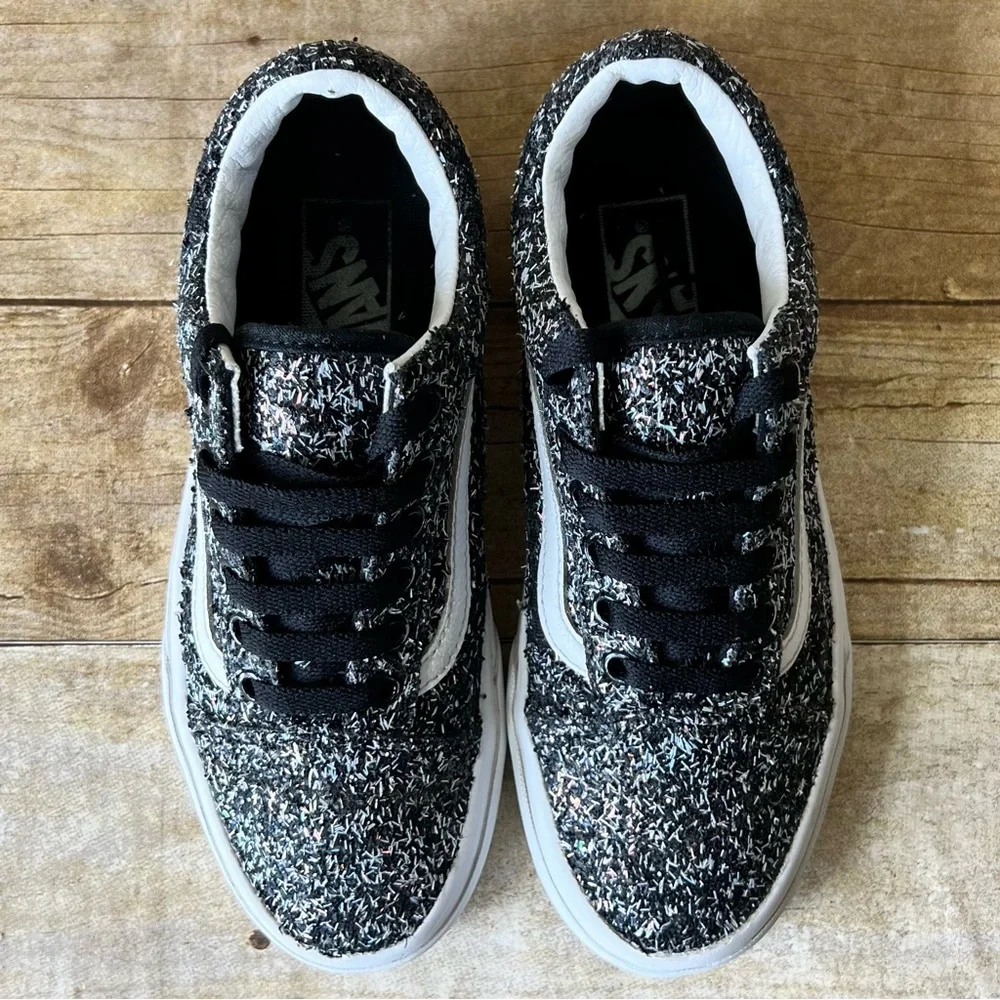Vans Old Skool Kids Black White Glitter Textured Low Top Sneakers Shoes‎